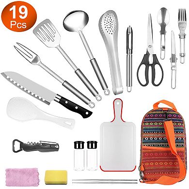 19Pcs Camping Cooking Utensil Kit Portable Outdoor Cookware BBQ Picnic Kitchen Set with Bag