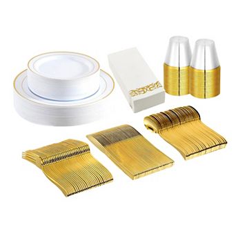 175 pc Disposable Gold Dinnerware Set Plates, Cups, Cutlery & Napkins