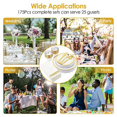 175-Piece Disposable Gold Dinnerware Set Plates, Cups, Cutlery & Napkins