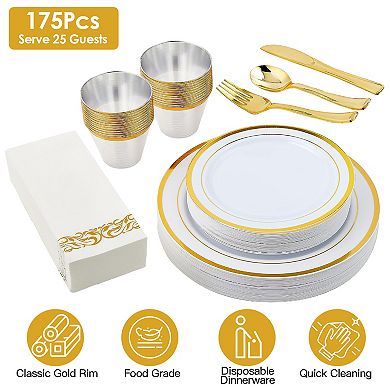 175-Piece Disposable Gold Dinnerware Set Plates, Cups, Cutlery & Napkins