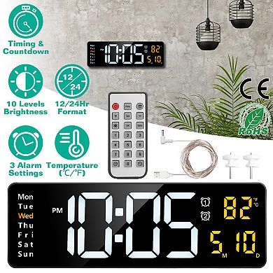 15.7in LED Wall Clock with Remote Digital Alarm Clock with 3 Alarms, Timer & Calendar