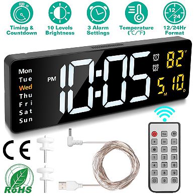 15.7in LED Wall Clock with Remote Digital Alarm Clock with 3 Alarms, Timer & Calendar