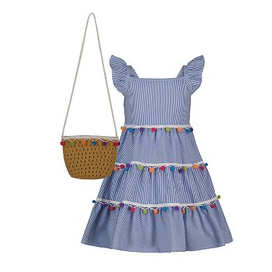 Baby & Toddler Girl Blueberi Boulevard Triple Tier PomPom Sundress & Straw Purse