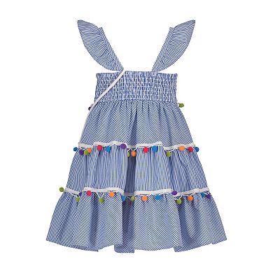 Baby & Toddler Girl Blueberi Boulevard Triple Tier PomPom Sundress & Straw Purse