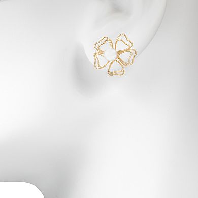 Emberly Gold Tone White Bead Wire Flower Post Earrings