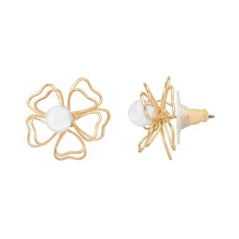 Emberly Gold Tone White Bead Wire Flower Post Earrings