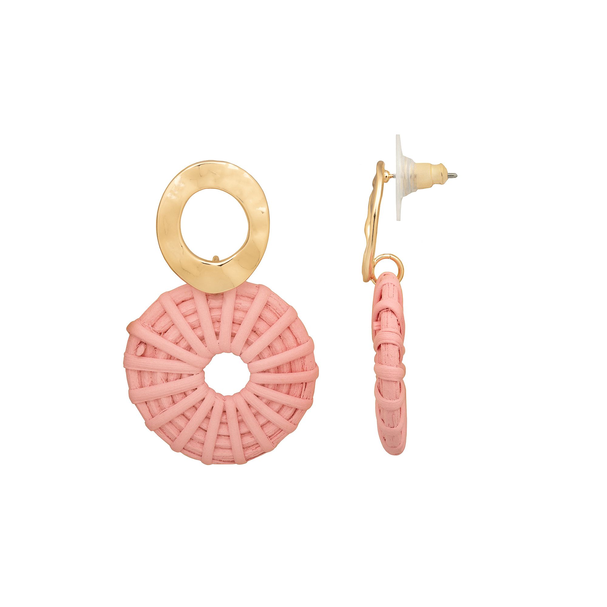 Emberly Gold Tone Rattan Woven Open Circle Drop Earrings, Womens, Pink
