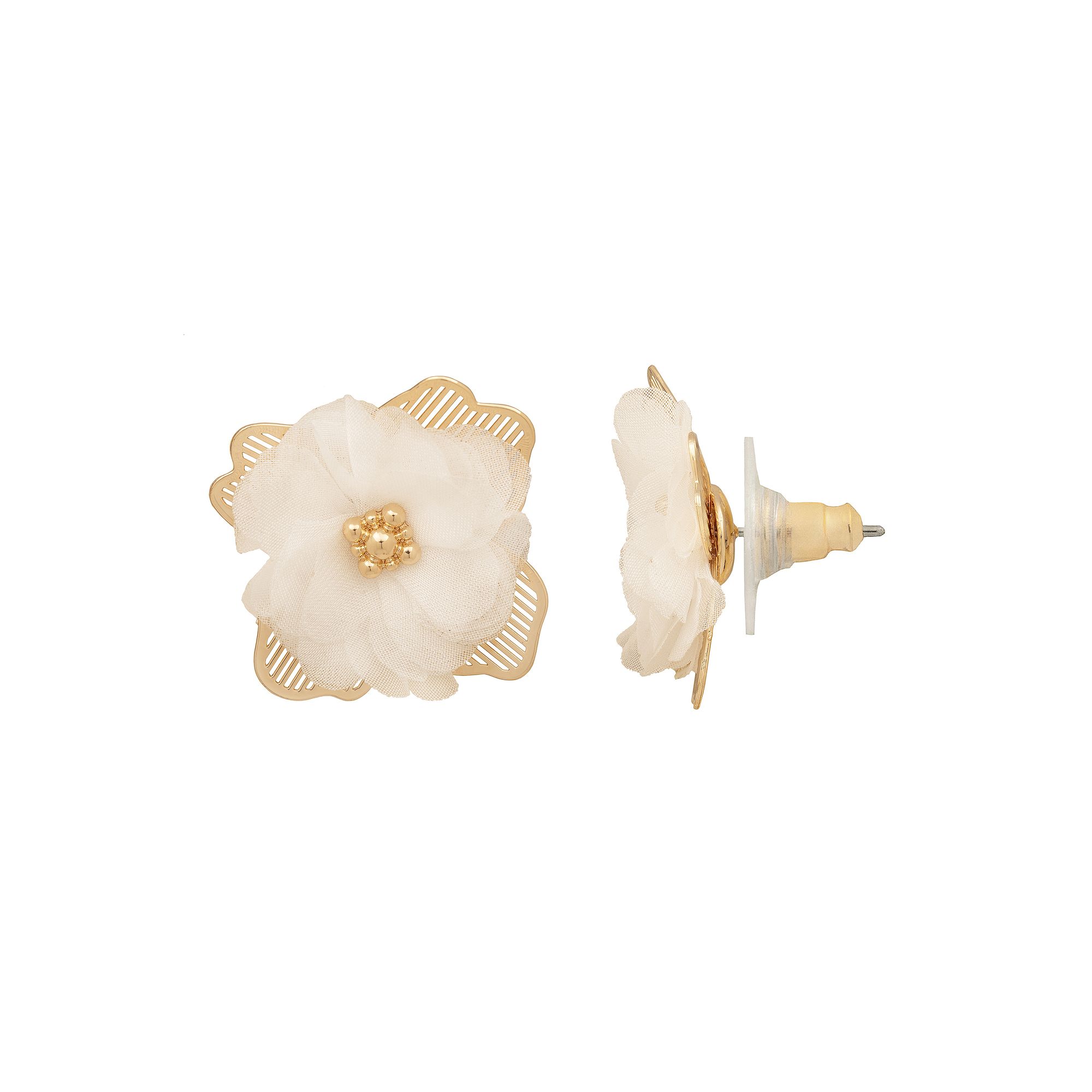 Emberly Gold Tone Filigree & Fabric Flower Petal Post Earrings, Womens, Wh