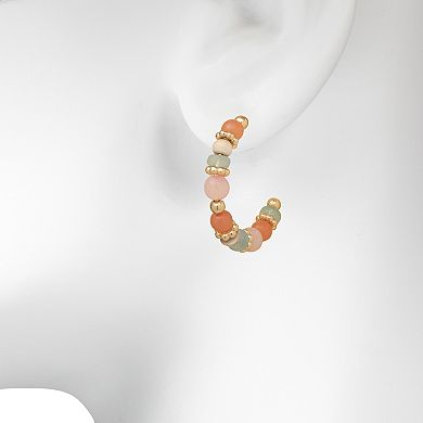 Emberly Gold Tone Wood & Bead Detailed Hoop Earrings