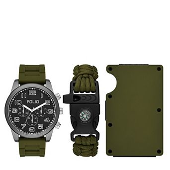 Men's Folio 3 pc Three Hand Green Silicone Watch Gift Set