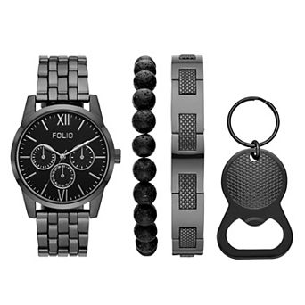 Men's Folio 4 pc Three Hand Gunmetal Alloy Watch Gift Set