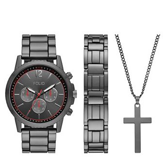 Men's Folio 3 pc Three Hand Gunmetal Alloy Watch Gift Set
