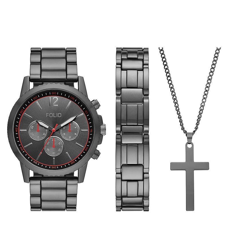 Men's Folio 3-Piece Three Hand Gunmetal Alloy Watch Gift Set, Size: 36MM, Grey