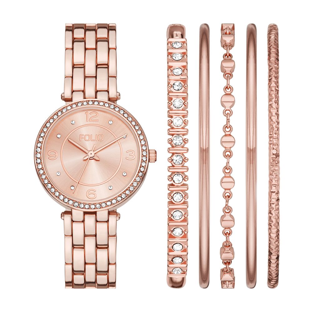 Folio Women's Rose Gold Tone Tone Bracelet Watch Bracelet Set