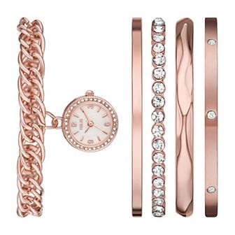 Folio Women's Rose Gold Tone Tone Charm Watch & Bracelet Set