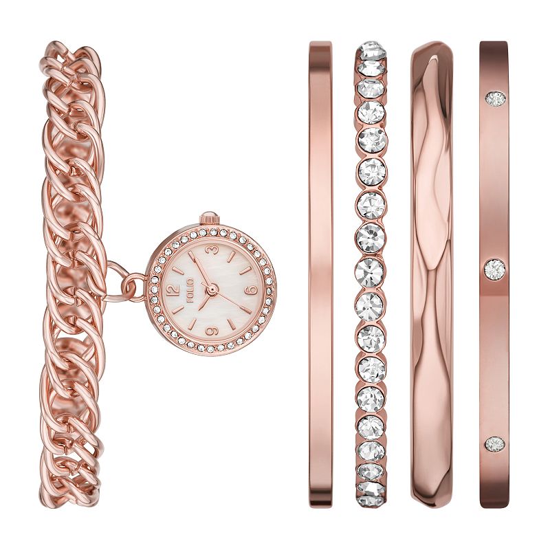 Folio Women's Rose Gold Tone Tone Charm Watch & Bracelet Set, Size: 22MM, None