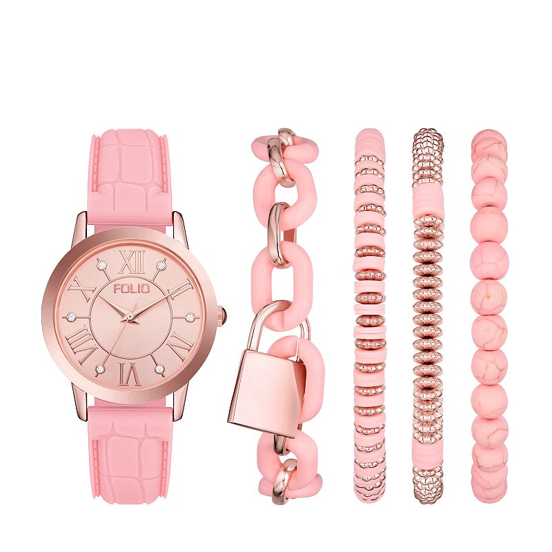 Folio Women's Rose Gold Tone Silicone Strap Watch & Bracelet Set, Size: 37 mm, None