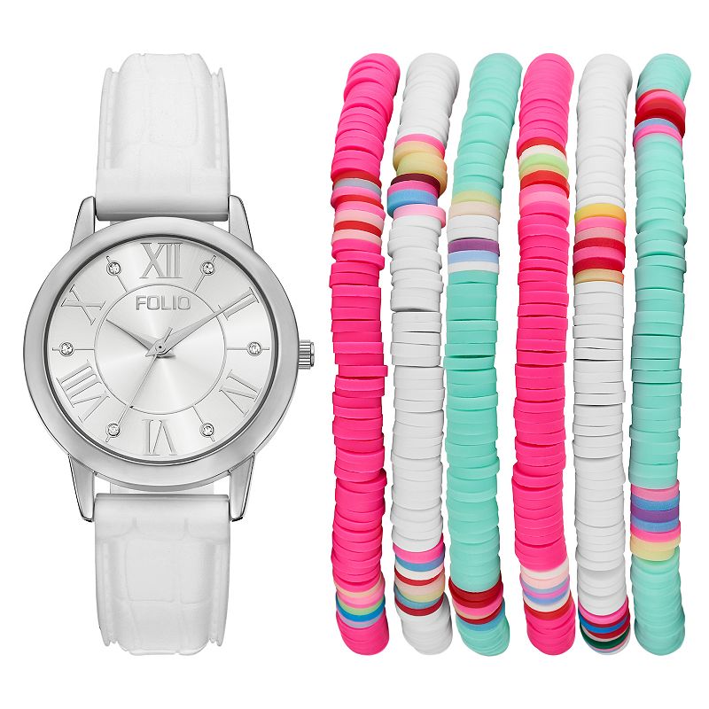 Folio Women's Silver Tone Silicone Strap Watch & Bracelet Set, Size: 37 mm, None
