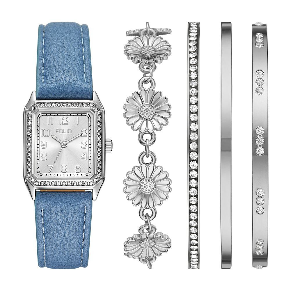 Folio Women's Silver Tone Strap Watch & Bracelet Set