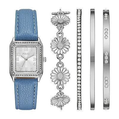 Folio Women's Silver Tone Strap Watch Bracelet Set