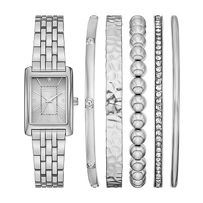Folio Women's Silver Tone Bracelet Watch & Bracelet Set