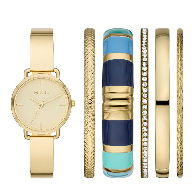 Folio Women's Gold Tone Bangle Watch & Bracelet Set, Size: 32 mm, None