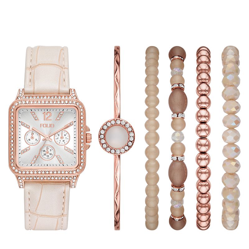 Folio Women's Rose Gold Tone Tone Strap Watch & Bracelet Set, Size: 34 mm, None