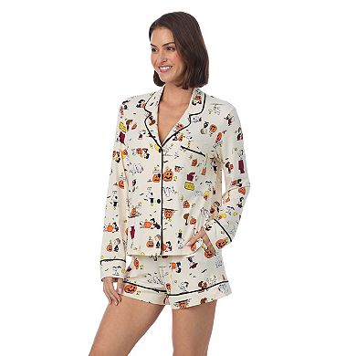 Women's Beauty Sleep Social Cozy Long Sleeve Notch Pajama Top & Pajama Boxers Set