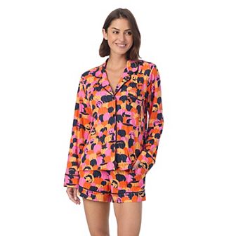 Women's Beauty Sleep Social Halloween Cozy Long Sleeve Notch Pajama Top & Pajama Boxers Set