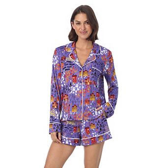 Women's Beauty Sleep Social Halloween Cozy Long Sleeve Notch Pajama Top & Pajama Boxers Set