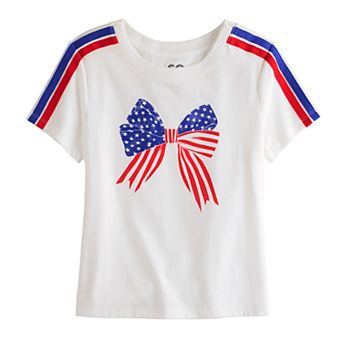 Girls 7-16 SO® Adaptive Varsity Stripe Flag Bow Graphic Baby Tee