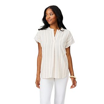 Women's Grey & Gray Split Neck Cap Sleeve Stripe Blouse