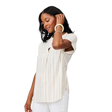 Women's Grey & Gray Split Neck Cap Sleeve Stripe Blouse