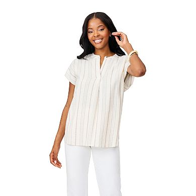 Women's Grey & Gray Split Neck Cap Sleeve Stripe Blouse