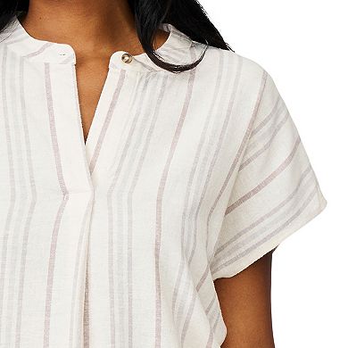 Women's Grey & Gray Split Neck Cap Sleeve Stripe Blouse