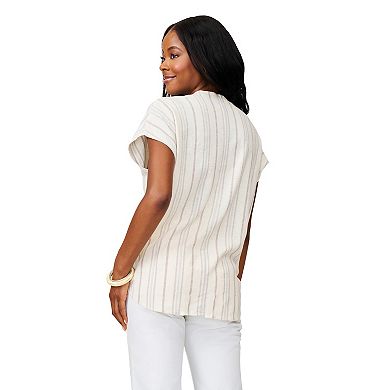 Women's Grey & Gray Split Neck Cap Sleeve Stripe Blouse