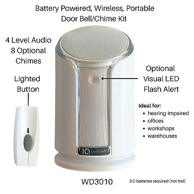 Battery Powered Wireless Door Bell Chime with Visual Alert, 8 Chime Tones, 4 Volume Levels, 1 button