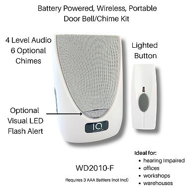 Battery Powered Wireless Door Bell Chime with Visual Alert, 6 Chime tones, 4 Volume Levels, 1 Button