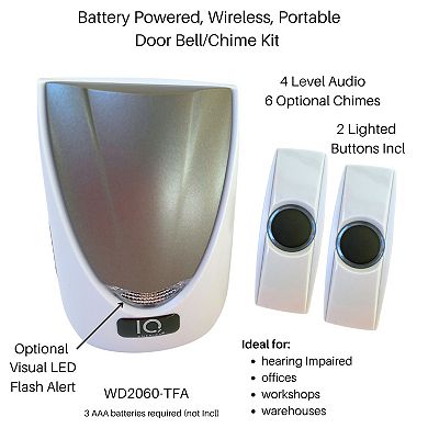 Battery Powered Wireless Door Bell Chime with Visual Alert, 6 Chime Tones 4 Volume Levels, 2 Buttons
