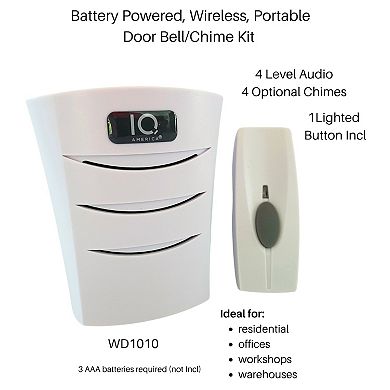 Battery Powered Wireless Portable Door Bell Chime Kit, 4 Chime Tones, 4 Volume Levels, 1 Button