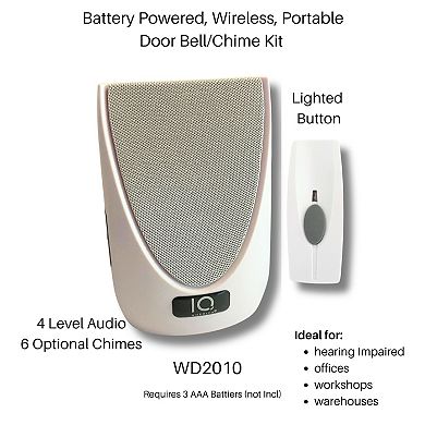 Battery Powered Wireless Door Bell Chime Kit, 6 Chime Tones, 4 Volume Levels, 1 Button White