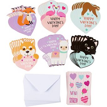 36x Valentine's Day Cards for Kids Classroom Exchange Bulk Heart Animal Design