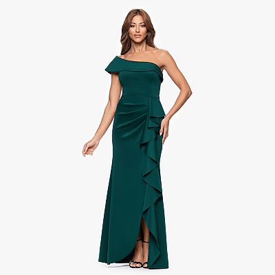 Cowl Neck Emerald Green Asymmetrical Dress Women's X Evenings One-Shoulder  Ruffled Maxi Dress