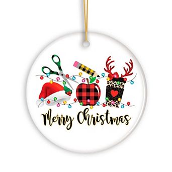 Merry Christmas Plaid Teacher Ornament, School Professional Gift, Circle Version