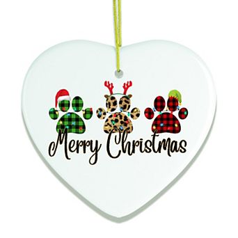 Cat Paw Plaid Prints Merry Christmas Ornament, Heart Version