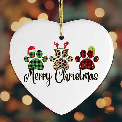Cat Paw Plaid Prints Merry Christmas Ornament, Heart Version