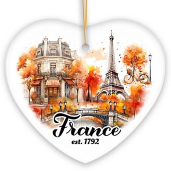 Majestic Vintage Fall Themed France Christmas Ornament, French Souvenir with Watercolor Eiffel Tower