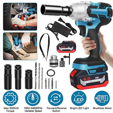 3-in-1 Cordless Impact Wrench, Drill & Screwdriver with Brushless Motor & 2 Batteries