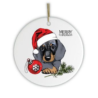 Dachshund Christmas Ornament, Cute Dog with Santa Hat, Circle Version