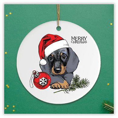 Dachshund Christmas Ornament, Cute Dog with Santa Hat, Circle Version